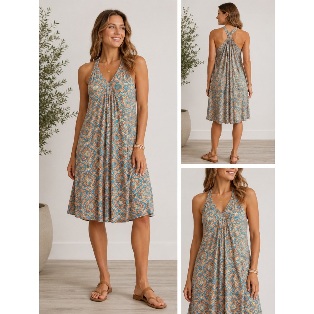 Sigrid Olsen Dress Women's M Blue Peach Medallion Halter Knee Length Sundress